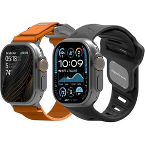 Aulumu A11 Velvet Nylon Braid Band [Luminous Orange] + A02 Fluoroelastomer Sports Watch Band [Black] for Apple Watch | Smart Wearable Kit