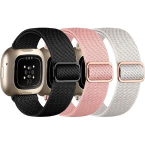 Compatible with Fitbit Versa 4 Bands for Woman/Sense 2/Sense/Versa 3 Bands, 3 Pack Stretchy Nylon Sport Strap Replacement Band for Fitbit Sense 2/Fitbit Versa 4 Bands Women Men