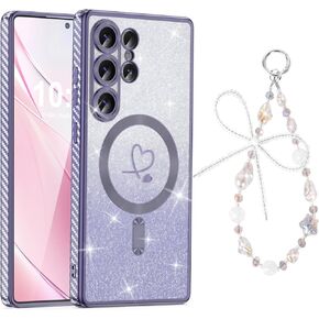 Designed for Samsung S25 Ultra Case Magnetic Glitter with Wrist Strip Compatible with MagSafe, Luxury Plating Heart Shockproof Protection Phone Case Clear Cover for Women Girls -Purple