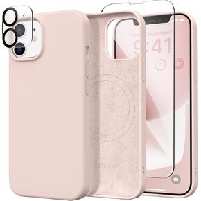 GONEZ Magnetic for iPhone 12 Case / 12 Pro Case, Compatible with MagSafe, [Screen Protector + Camera Lens Protector], Silicone Shockproof Anti-Scratch Protective Phone Case 6.1 inch, Chalk Pink