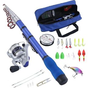 Mini Spinning Reel & Rod Combos with Telescopic Fishing Rod Reel Lures Fishing Line Set Fishing Combos for Kids/Beginners (Blue Set, 1.7M/67inch/5.5ft)