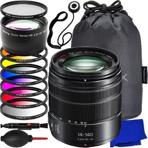 Ultimaxx Essential Bundle + Panasonic Lumix G Vario 14-140mm f/3.5-5.6 II ASPH. Power O.I.S. Lens + 2.2X Telephoto Zoom Lens Attachment, 6PC Gradual Color Filter Kit, UV Filter & More (17pc Bundle)