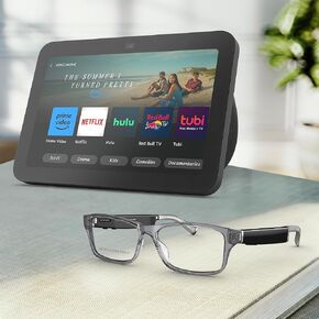 Amazon Echo Frames (newest model) + Echo Show 8 (newest model), Smart Glasses with Alexa, Modern Rectangle frames in Charcoal Gray with prescription ready lenses