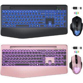 SABLUTE 2 Pack Black & Rose Gold Wireless Keyboard and Mouse Combo Backlit, Jiggler Mouse, Ergonomic Rechargeable Duo with Wrist Rest, Phone Holder, Silent Light Up Cordless Set for Windows, Mac