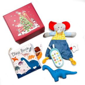 Baby Stocking Stuffers 3Pcs, Baby Boy Gifts Toys Soft Dinosaur Book & Baby Phone Toy & Elephant Security Blanket Newborn Infant Gifts Christmas Baby Toys 6-12 Months
