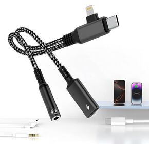 Lightning/USB Type C to 3.5mm Headphone and USB C Charger Adapter, 2-in-1 USB C to Aux Audio Jack and 60W USB-C Fast Charging Dongle Cable Splitter Compatible with Phone 16 15 14 13,Galaxy,Pixe-Black