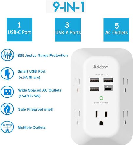 Outlet Extender Surge Protector - Addtam 5-Outlet Splitter with 4 USB Wall Charger(PD 30W), Multi Plug Wall Outlet Power Strip for Home, Dorm Room Essentials in Saudi Arabia