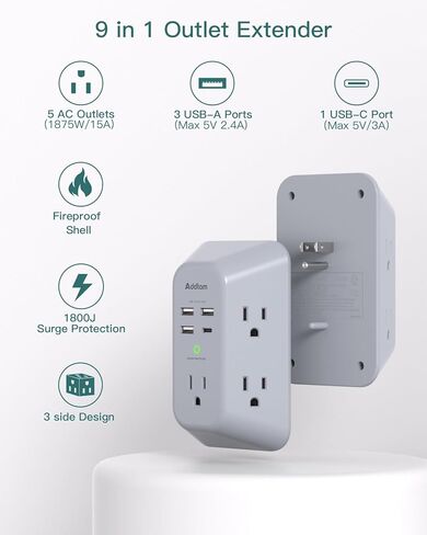 Outlet Extender Surge Protector - Addtam 5-Outlet Splitter with 4 USB Wall Charger(PD 30W), Multi Plug Wall Outlet Power Strip for Home, Dorm Room Essentials in Kuwait
