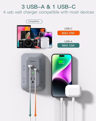 Outlet Extender Surge Protector - Addtam 5-Outlet Splitter with 4 USB Wall Charger(PD 30W), Multi Plug Wall Outlet Power Strip for Home, Dorm Room Essentials in Kuwait