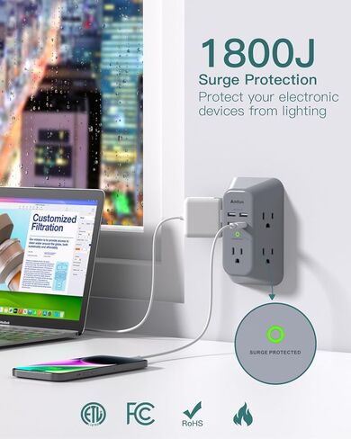 Outlet Extender Surge Protector - Addtam 5-Outlet Splitter with 4 USB Wall Charger(PD 30W), Multi Plug Wall Outlet Power Strip for Home, Dorm Room Essentials in Kuwait