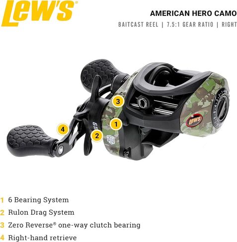 Lew’s American Hero Camo Baitcast Fishing Reel, 5+1 Bearings, 7.5:1 Gear Ratio, One-Piece Graphite Frame, Rulon Drag, Camo/Black in Kuwait