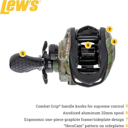 Lew’s American Hero Camo Baitcast Fishing Reel, 5+1 Bearings, 7.5:1 Gear Ratio, One-Piece Graphite Frame, Rulon Drag, Camo/Black in Kuwait