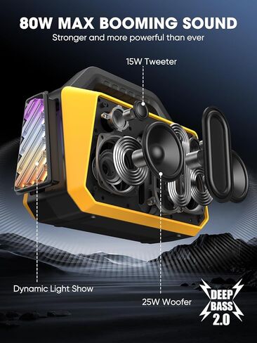 Portable Bluetooth Speakers - Wireless Jobsite Speaker 80W Peak, TWS, Light Shows, Loud Speaker with Deep Bass, BT 5.3, IPX6 Waterproof, 20H Playtime for Outdoor Beach Camping Travel - Yellow in Kuwait