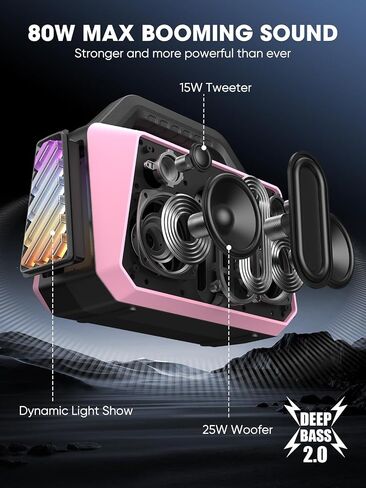 Bluetooth Speaker - 80W Loud Rugged Outdoor Speakers, IPX6 Waterproof, 20H Playtime, Deep Bass, Lightshow, TWS, BT 5.3 Wireless, Portable for Travel Hiking Camping Beach Pool - Black in Kuwait