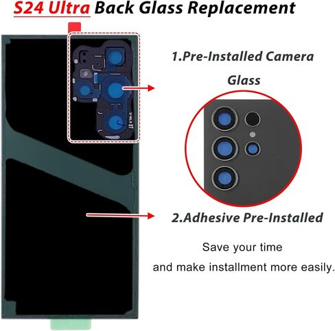 S24 Ultra الخلفية الزجاج الخلفي بديل متوافق مع Samsung Galaxy S24 Ultra 5G الزجاج الخلفي مع عدسة كاميرا مثبتة مسبقا ومجموعة أدوات إصلاح+ لاصق (رمادي داكن) in Kuwait