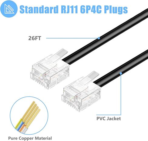 RJ11 6P4C Phone Extension Cord, 1 Pack 26 Feet Phone Cord for Landline, Black Telephone Line Cord, RJ11 Extension Cable with Fax/Modem for Office or Home in Kuwait