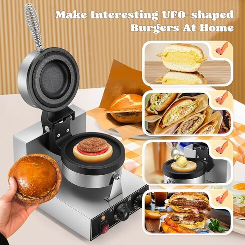 Moongiantgo UFO Burger Waffle Maker, Ice Cream Filling Burger Machine With 0-5 Time & 50-300℃ Temp Control, Double-Sided Heating Hamburger Maker Non-Stick Gelato Panini Press For Home Kitchen (110V) in Kuwait