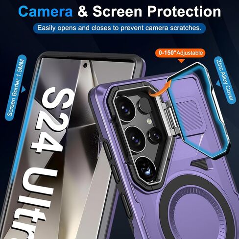 S24 Ultra Case متوافق مع Magsafe ، علبة Samsung Galaxy S24 Ultra مع غطاء الكاميرا الحامل Kickstand ، Galaxy S24 Ultra Phone Case Grading Groofroof Groofged Magnetic Cover (Blue) in Saudi Arabia