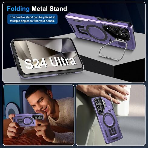 S24 Ultra Case متوافق مع Magsafe ، علبة Samsung Galaxy S24 Ultra مع غطاء الكاميرا الحامل Kickstand ، Galaxy S24 Ultra Phone Case Grading Groofroof Groofged Magnetic Cover (Blue) in Saudi Arabia