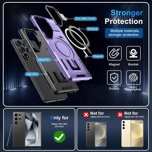 S24 Ultra Case متوافق مع Magsafe ، علبة Samsung Galaxy S24 Ultra مع غطاء الكاميرا الحامل Kickstand ، Galaxy S24 Ultra Phone Case Grading Groofroof Groofged Magnetic Cover (Blue) in Saudi Arabia