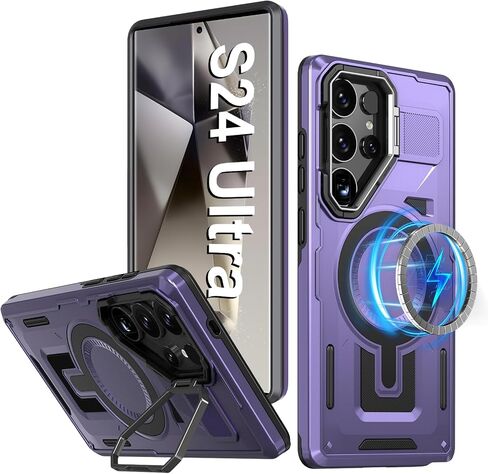 S24 Ultra Case متوافق مع Magsafe ، علبة Samsung Galaxy S24 Ultra مع غطاء الكاميرا الحامل Kickstand ، Galaxy S24 Ultra Phone Case Grading Groofroof Groofged Magnetic Cover (Blue) in Saudi Arabia