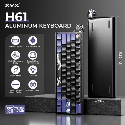 Hitime X XVX 60 ٪ مفاتيح مفتاح مع حزام ، لوحة مفاتيح ألعاب الألومنيوم السلكية H61 ، قابلة للتبديل الساخنة ، Kanagawa anime PBT Keycap in Kuwait