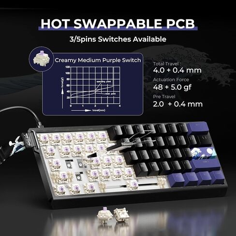 Hitime X XVX 60 ٪ مفاتيح مفتاح مع حزام ، لوحة مفاتيح ألعاب الألومنيوم السلكية H61 ، قابلة للتبديل الساخنة ، Kanagawa anime PBT Keycap in Kuwait