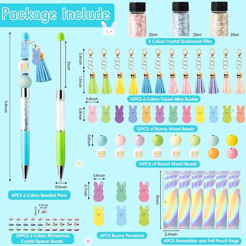 CNhoqc Easter Ballpoint Pens Bulk - 91pcs(Set of 6pcs)Bunny Peeps Beadable Ballpoint Pen Set Plastic Beadable Pen Bunny Peep Wood Bead & Chick & Egg Pendant Crystal Quicksand Resealable Foil Pouch Bag in Saudi Arabia
