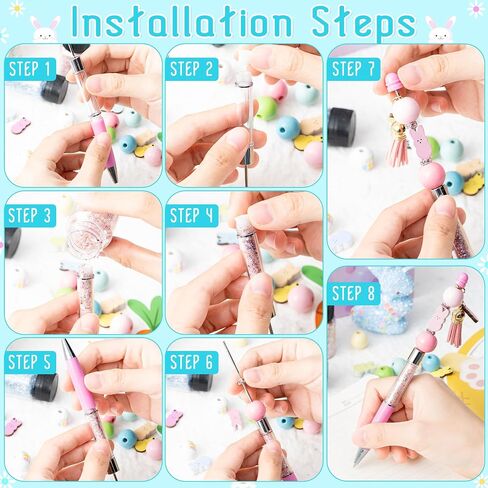 CNhoqc Easter Ballpoint Pens Bulk - 91pcs(Set of 6pcs)Bunny Peeps Beadable Ballpoint Pen Set Plastic Beadable Pen Bunny Peep Wood Bead & Chick & Egg Pendant Crystal Quicksand Resealable Foil Pouch Bag in Saudi Arabia