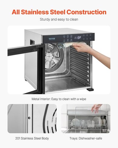 VEVOR Food Dehydrator Machine, 10 Stainless Steel Trays, 1000W Electric Food Dryer with Adjustable Temperature & 24-Hour Timer, Freeze Dryer for Jerky, Meat, Fruit, Vegetables, Herbs, Dog Treats in Saudi Arabia