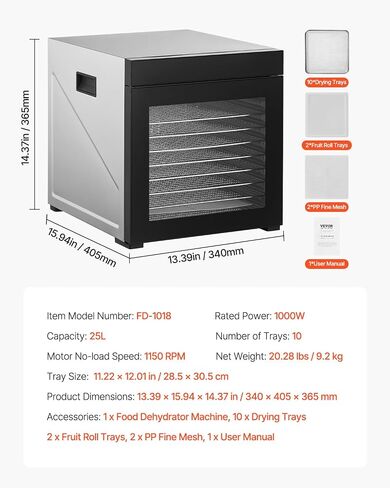 VEVOR Food Dehydrator Machine, 10 Stainless Steel Trays, 1000W Electric Food Dryer with Adjustable Temperature & 24-Hour Timer, Freeze Dryer for Jerky, Meat, Fruit, Vegetables, Herbs, Dog Treats in Saudi Arabia