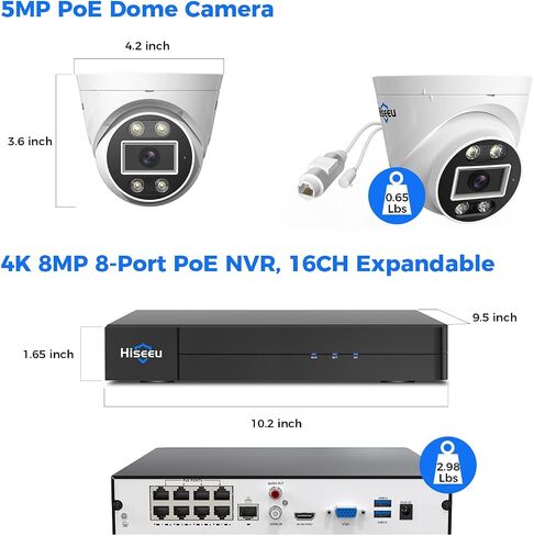 Hiseeu 【تتبع تلقائي + كاميرا أمان PoE 5 ميجابكسل في الهواء الطلق، كاميرات مراقبة منزلية CCTV، PTZ 300 درجة عموم 90 تكبير رقمي، إنذار الأضواء، كشف الإنسان، بدون رسوم شهرية in Kuwait