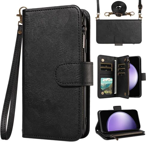ل Samsung Galaxy S23 Fe 5g Wallet Phone Case with Crossbody Lanyard Strap Faux Card Card Slot Stand Kickstand Men Women Flip Cell Cover for S 23 EF S23Fe 23S Brown in Kuwait