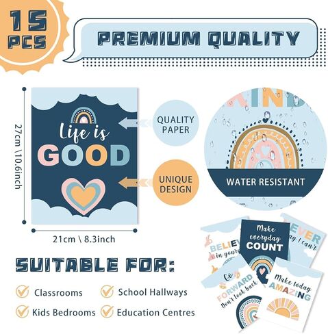 EggSun 15pcs Boho Mental Health Posters for Classroom,Inspirational Wall Art for Bulletin Board Decoration,Growth Mindset Positive Quotes Poster for Middle Homeschool Office 8.3x10.6IN (Boho Rainbow) in Saudi Arabia