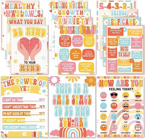 EggSun 15pcs Boho Mental Health Posters for Classroom,Inspirational Wall Art for Bulletin Board Decoration,Growth Mindset Positive Quotes Poster for Middle Homeschool Office 8.3x10.6IN (Boho Rainbow) in Saudi Arabia