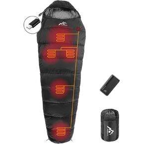 Heated Sleeping Bag 5pcs Multi USB Power Support Heating Pads,Operated with Battery Power Bank or Other Type-C Power Supplies, Mummy Style with one pc 20000mah Power Bank