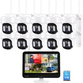 XMARTO 10X Zoom WiFi 6 AI Auto Tracking PTZ Home Security Camera System with LCD Monitor NVR/DVR (1TB HDD Storage), with 10X Rotate 6MP Home Cams
