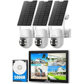 CAMCAMP Wireless Solar Home Security System with 10" 10CH NVR Monitor &500GB HDD, 0 Monthly Fee, 3pcs 2K PTZ Solar Security Camera Outdoor, HDMI Output Color Night Vision Motion Alert 2-Way Audio IP66