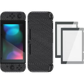 eXtremeRate Colorful Border Screen Protector + Graphite Carbon Fiber DIY Replacement Full Set Shell for Nintendo Switch