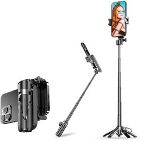 FUNSNAP Selfie Stick Tripod Mini with Remote, Extendable Grip Tripod 3 in 1 Pocket Size with 2 Cold Shoe, Wireless Shutter Vlogging Livestreaming