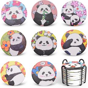 8 Pieces Drink Coasters with Holder, Absorbent Ceramic Drink Coasters for Tabletop Protection, Suitable for Kinds of Cups, 4 Inches, Cute Panda