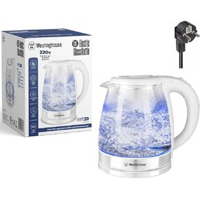 Westinghouse 220 Volt Kettle - Cordless - 1.7 Liter - Glass Kettle - Bundle With Dynastar 220 Volts 240 Volts (Not For USE IN USA)