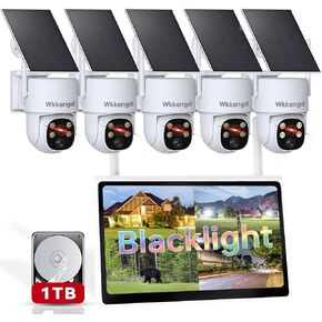 Blacklight Solar Security Wireless Camera System with 10" Monitor, 2K F1.0 5PCS Super Aperture PTZ Battery Powered Cameras for Home Security, Pre-Installed 1TB HDD, True Full Color Night Vison
