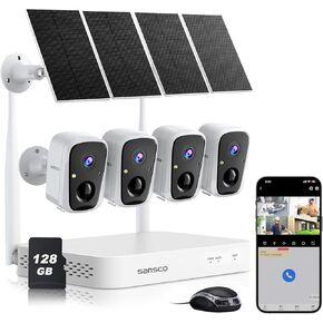 SANSCO 2K Wireless Security Camera System, 4PCS 4MP Solar WiFi Cameras for Indoor/Outdoor Use, 10CH NVR with 128GB SD Card, PIR Detection, 2-Way Audio, Color Night Vision, 5G & 2.4G WiFi