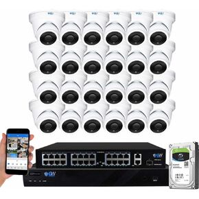 GW Security 32 Channel 4K NVR 8MP AI Human & Vehicle Detection Security Camera System with 24 UHD 4K 2160P Microphone PoE Outdoor/Indoor Waterproof IP Security Turret Cameras (White)