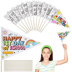 36 Packs Color Your Own First Day of School Flag, Kids Back to School Coloring Pennants Flag Welcome Back to School Photo Props Craft Kit for Kids Home Classroom School Party Favor Supplies