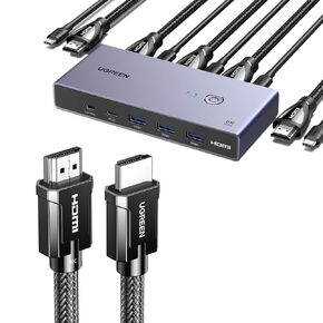 UGREEN 8K@60Hz HDMI KVM Switch with 4 USB 3.0 Ports USB Switch for 2 Computers Share 1 Monitor Bundle with 8K HDMI 2.1 Cable Certified 6.6FT