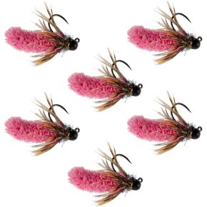 The Fly Fishing Place Tungsten Bead Hot Pink Mop Fly Tactical Jig Czech Euro Nymph Barbless Nymphing Fly - 6 Flies Size 14