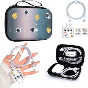 Glitter Phone Charger Storage Case Cover Set, Cute Bling Electronic Organizer with Cable Protector for iPhone, Soft Cable Saver Cord Organizer, Charger Case (Yellow)