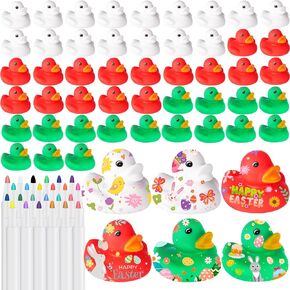 48Pcs Christmas Blank Rubber Ducks in Bulk, 2 Inch DIY Christmas Rubber Ducks with Pens of 24 Colors Float Cute Ducks for Winter Bathtub Birthday Gift Baby Activities Themed Christmas Party Favor